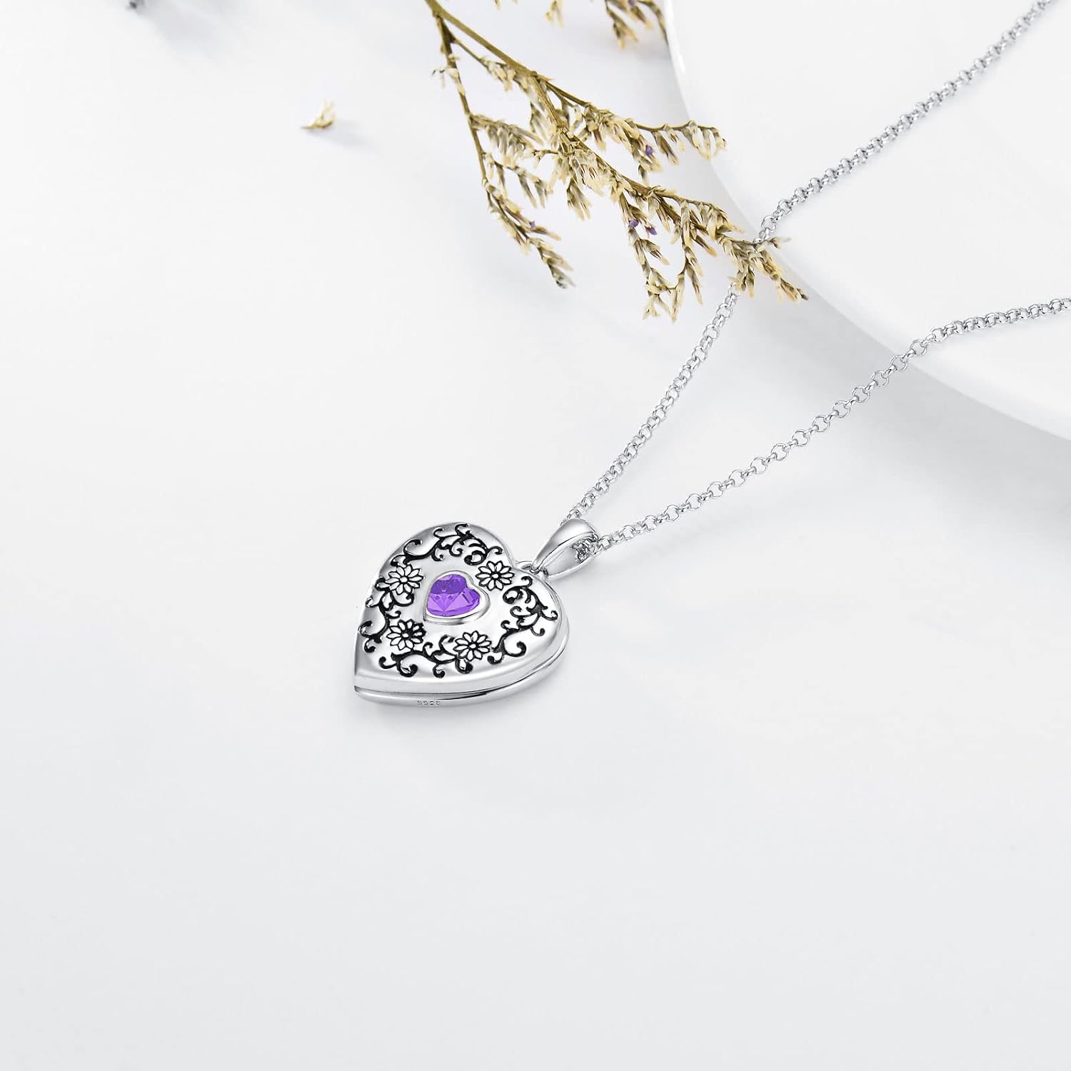 SOULMEET Personalized White Gold/Silver Sunflower Birthstone Locket Necklace that Holds 1 Picture Photo Heart Locket with Cubic Zirconia Heart Birthstone Crystal