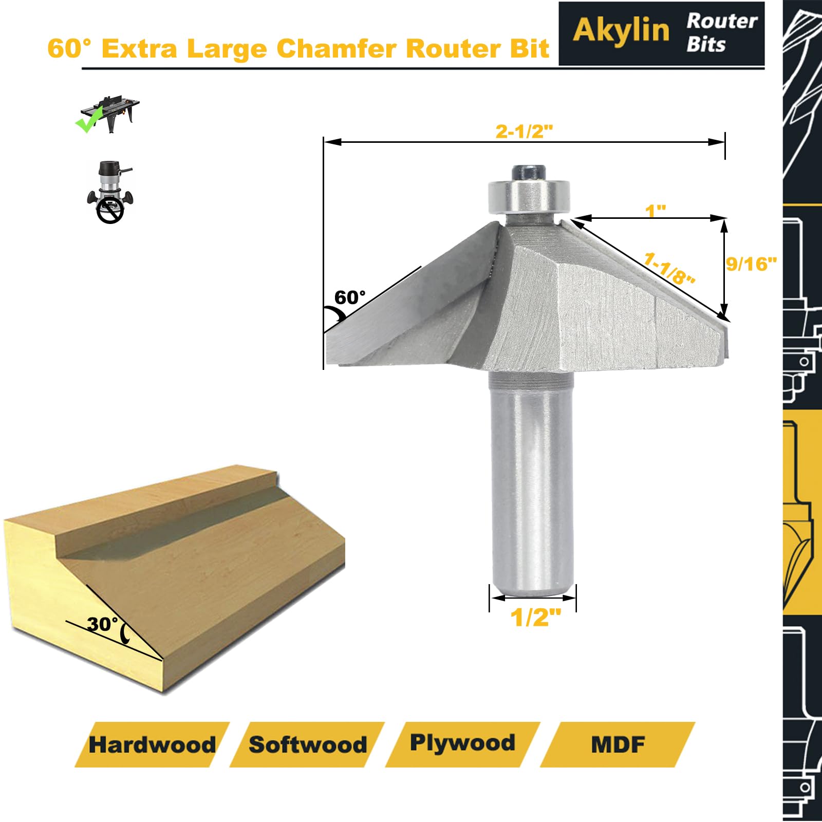Micro Chamfer Router Bit Snapklik.com : Akylin 60 Degree Chamfer Router Bit,1/2