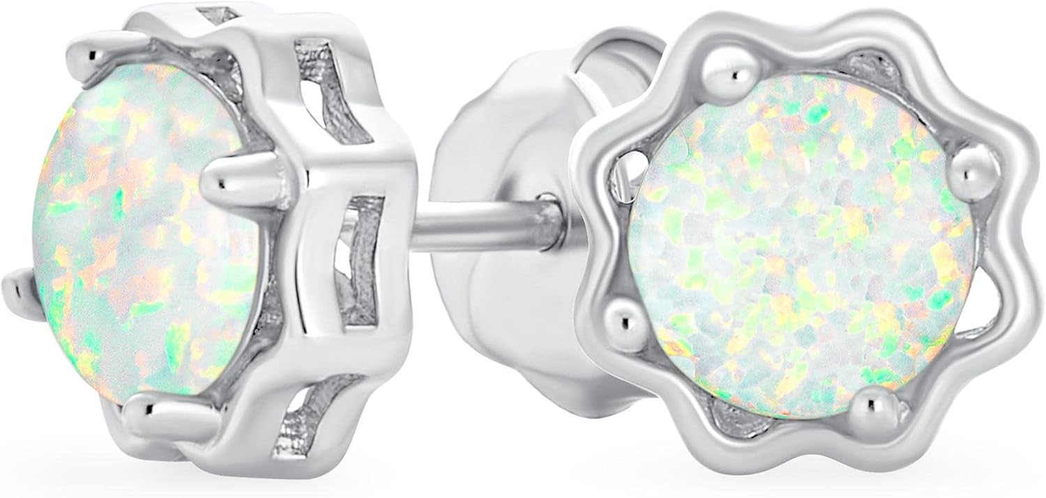 Gemstone Round 1.5 CTW Solitaire Created White Opal Stud Earrings For Women Flower Basket Setting .925 Sterling Silver October Birthstone