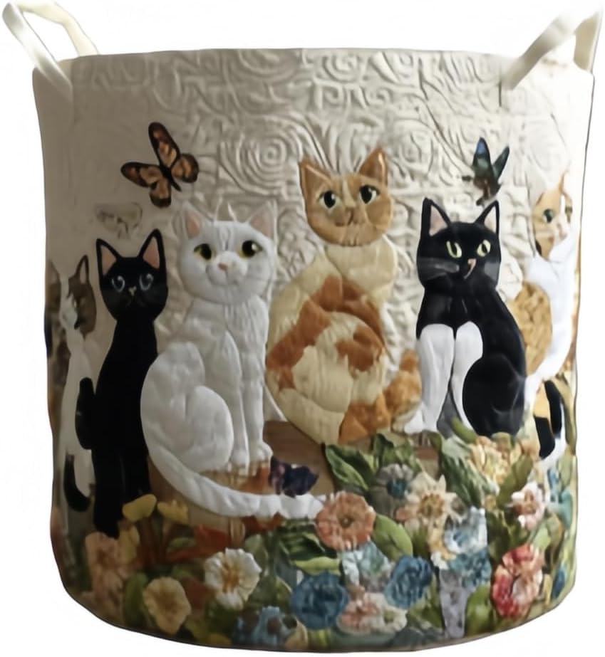 Cat Quilted Laundry Basket – Original Handmade Quilted Fabric Storage Bin for Clothes & Home Organization (H,Small (14" x 18"))