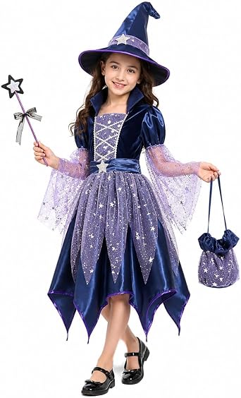Witch Costume Kids, Halloween Costumes for Girls, Witch Dresses with Hat, Bag and Magic Wand 4 Piece Set, Witches Dress Up Outfit for Girls, Kids Fancy Dress, Carnival Party Halloween Cosplay