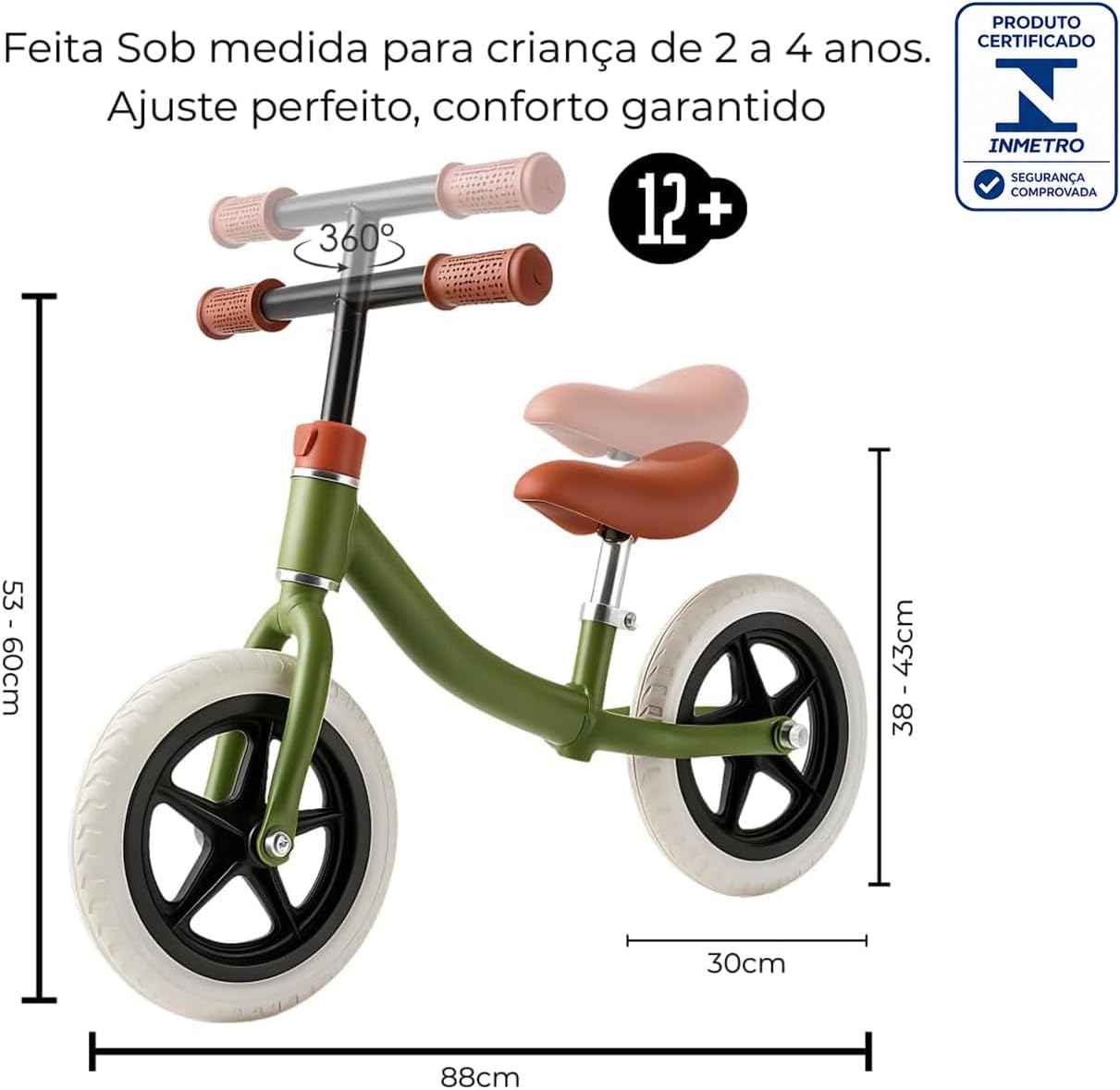 Bicicleta de Equilíbrio Infantil Sem Pedal Balance Bike +12 Meses Estrutura Metálica Assento Ajustável Coordenação Motora Certificado INMETRO