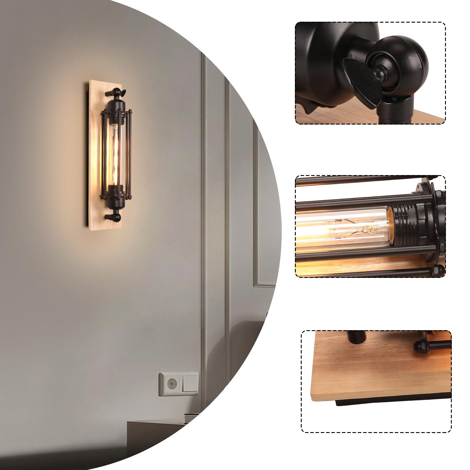 2 Stück Wandleuchte Innen Industrielle Wandleuchten Schwarz E27 Vintage Wandlampe 37cm aus Metall und Holz Wandlicht Design für Schlafzimmer Wohnzimmer Treppen Esszimmer