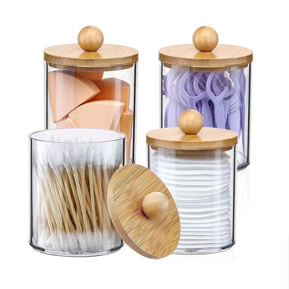 4 Pack Qtip Holder Dispensers for Cotton Ball Swab Cotton Round Pads Floss Small Clear Plastic Apothecary Jar Containers with Wood Lid Vanity Makeup Storage Organizer Bathroom Storage Organization 06