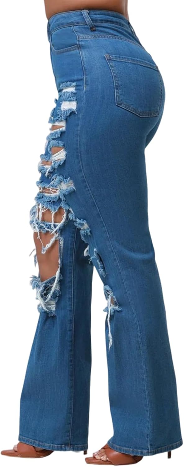 ZonJie Jeans for Women High Waist Wide Leg Distressed Raw Hem Destroyed Straight Leg Stretchy Denim Pants - Image 4