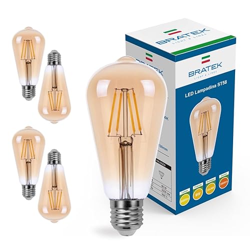 Bratek 4 Lampadine Vintage E27 Luce Calda 2700k Ambrata, 8w 800 Lumen - Lampadine Filamento Led E27 a Goccia Allungata ST 58 Trasparente Equivalente 90w a Incandescenza o 80w Alogena