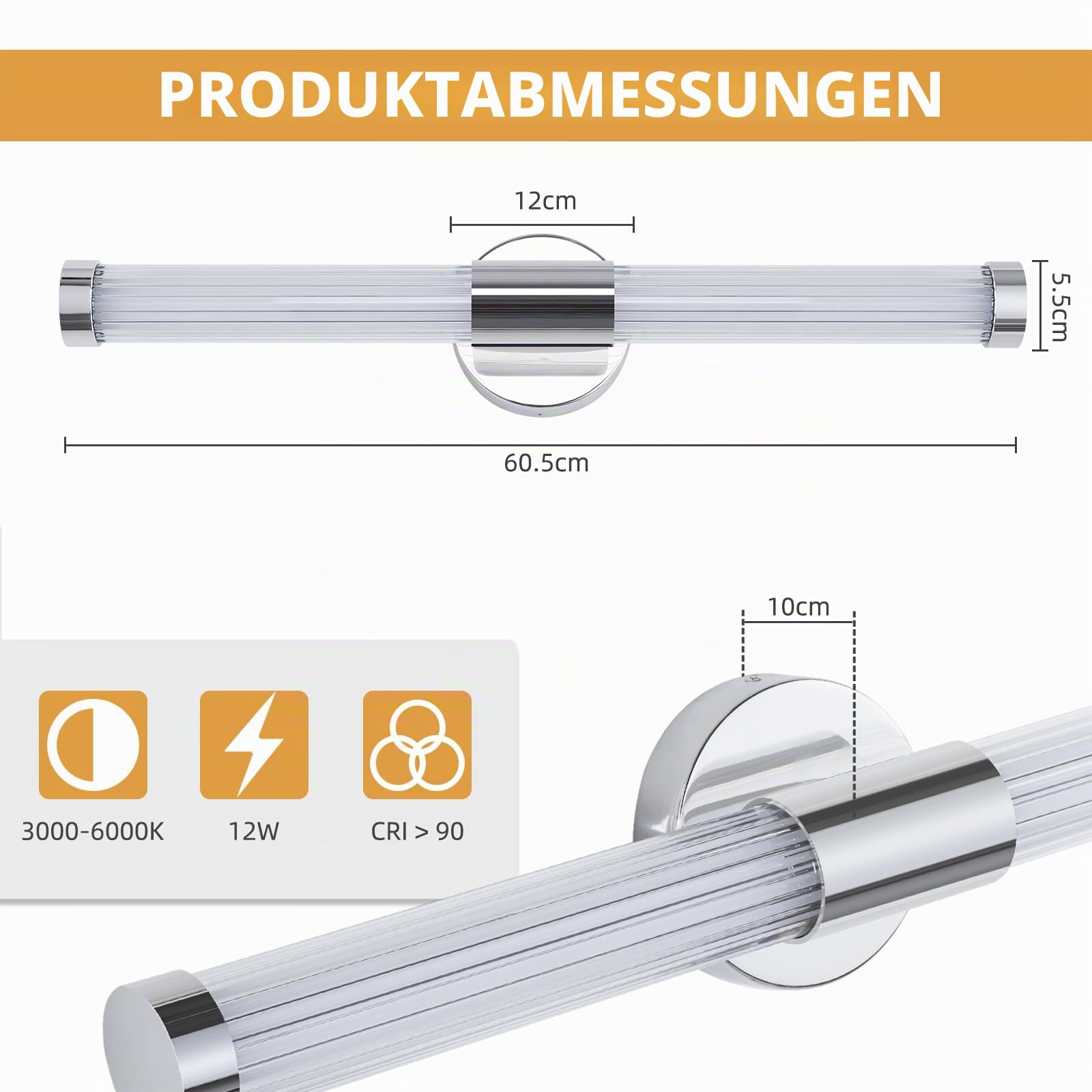 LED Spiegellampe Bad 3 Farbtemperaturen Wandleuchte Innen 12W | Acryl Bad Wandlampe Wandbeleuchtung 3000K/4500K/6000K Spiegel Beleuchtung Chrom für Wohnzimmer Schlafzimmer Treppen