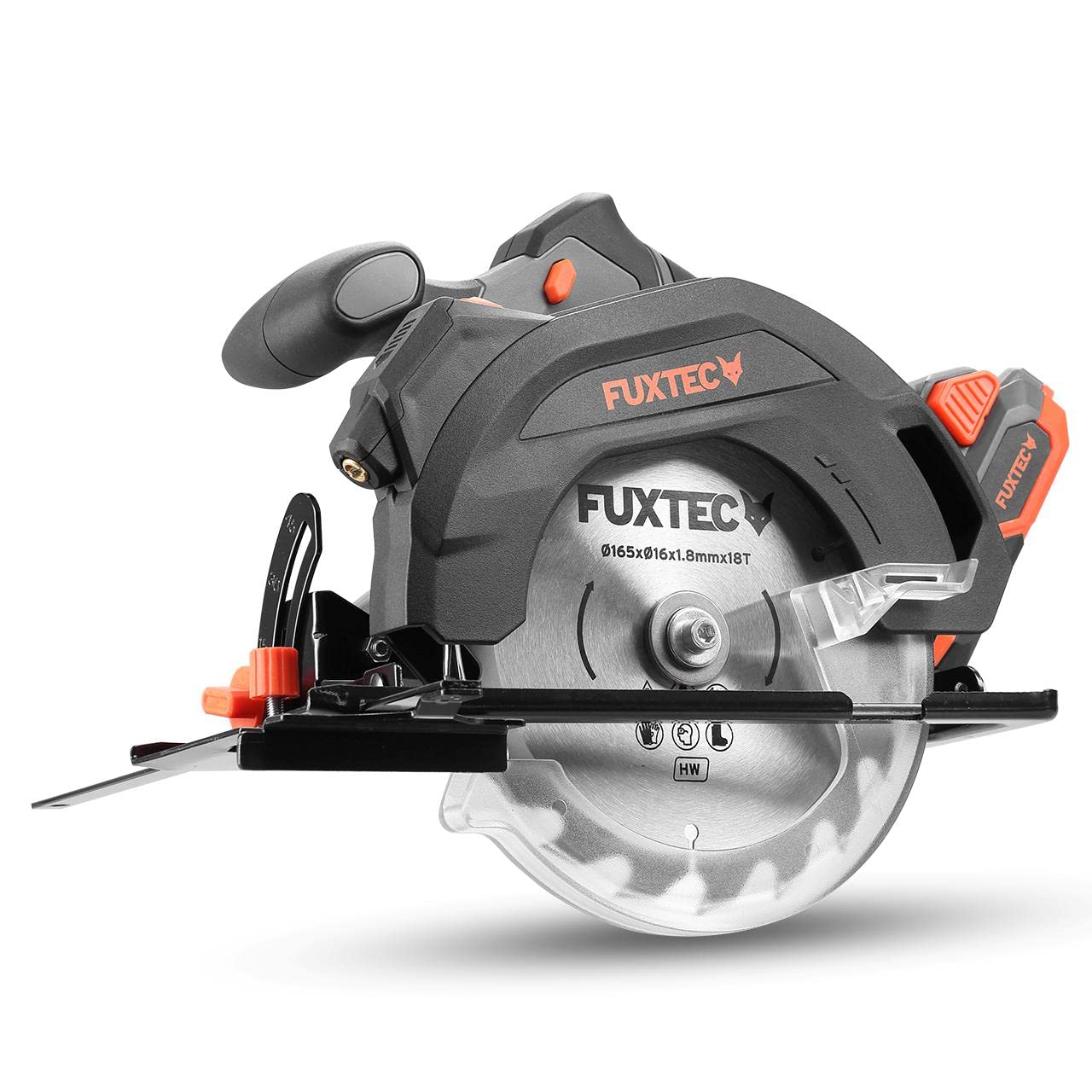 FUXTEC Akumulatorowa ręczna pilarka tarczowa 20 V FX-E1CS20-SET – brzeszczot Ø 165 mm / głębokość cięcia 38-55 mm / regulacja kąta cięcia – piła tarczowa w zestawie akumulator litowo-jonowy i ładowarka