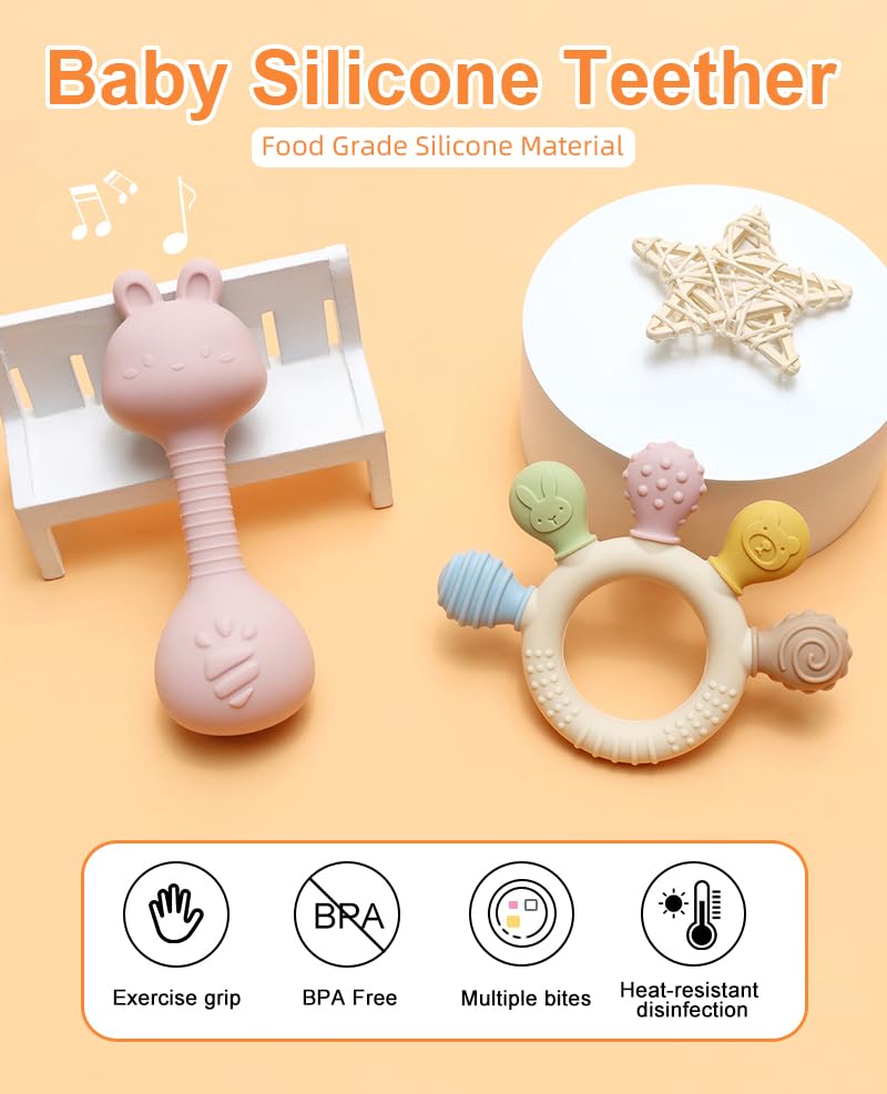 Baby Teether and Rattle Toy Set, BPA-Free, Food-Grade Silicone, Easy-Grip Teething Rattle for Babies, Soothing Teething Toy, Infant Sensory Toy for 3-24 Months (Cat)