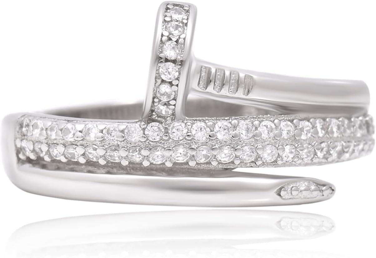 Women’s 925 Sterling Silver Wrap Nail Ring |18K Gold Plated with Cubic Zirconia | Designer-Inspired Adjustable Minimalist Jewelry Gift for Her | Sizes 5–12