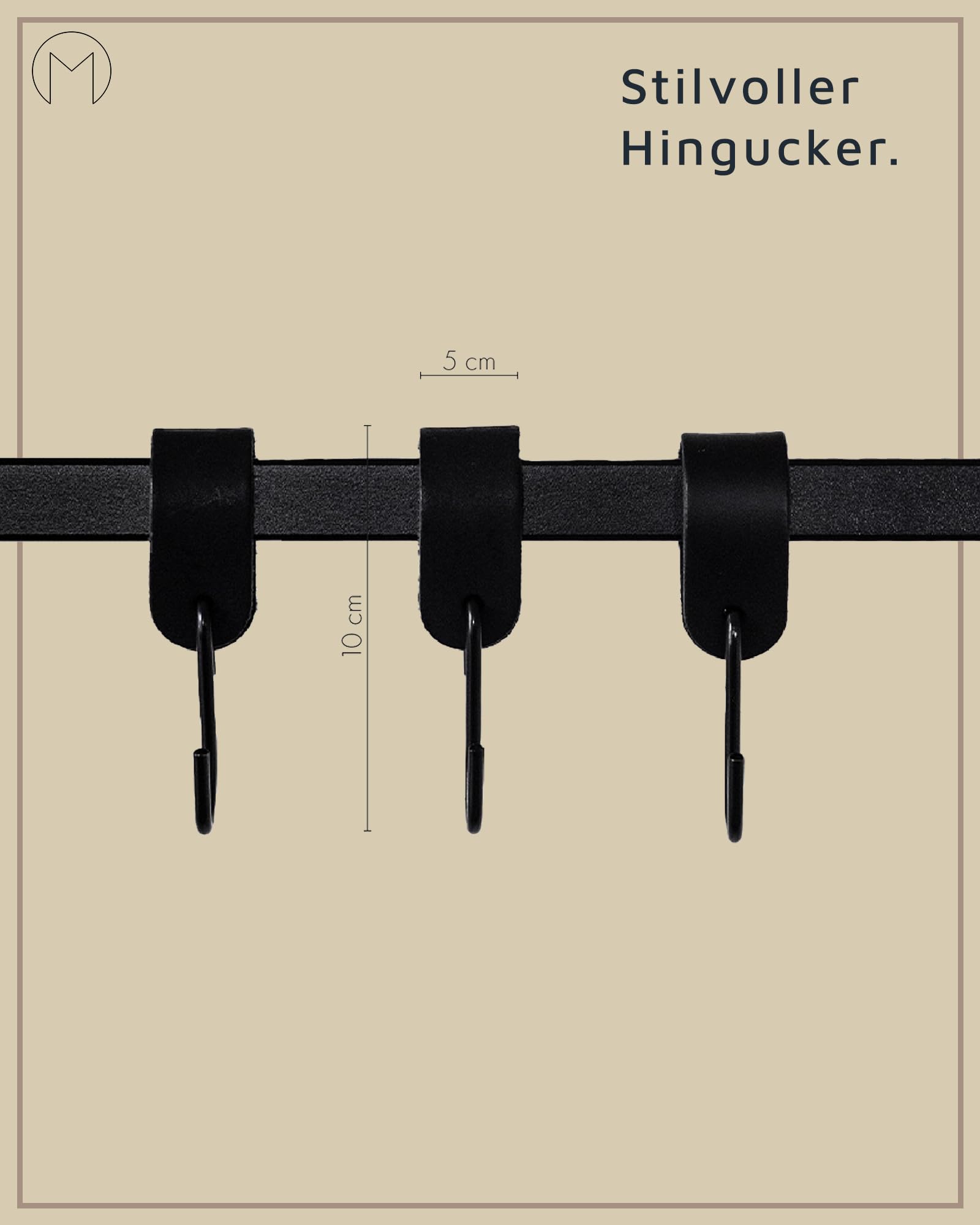 Metallbude Kleiderhaken S-HAKEN - 6er Set in Schwarz/Schwarz - Modernes Design - Garderobenhaken aus Hochwertiger Lederschlaufe & Stahl - 10 cm