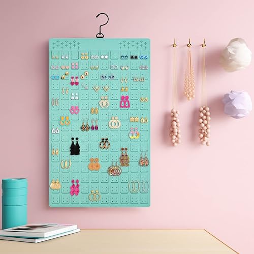 Miniatura 5 de Organizador de joyas colgante de doble cara con colgador, azul, soporte de joyería de gran capacidad para aretes, collares en armario, pared,