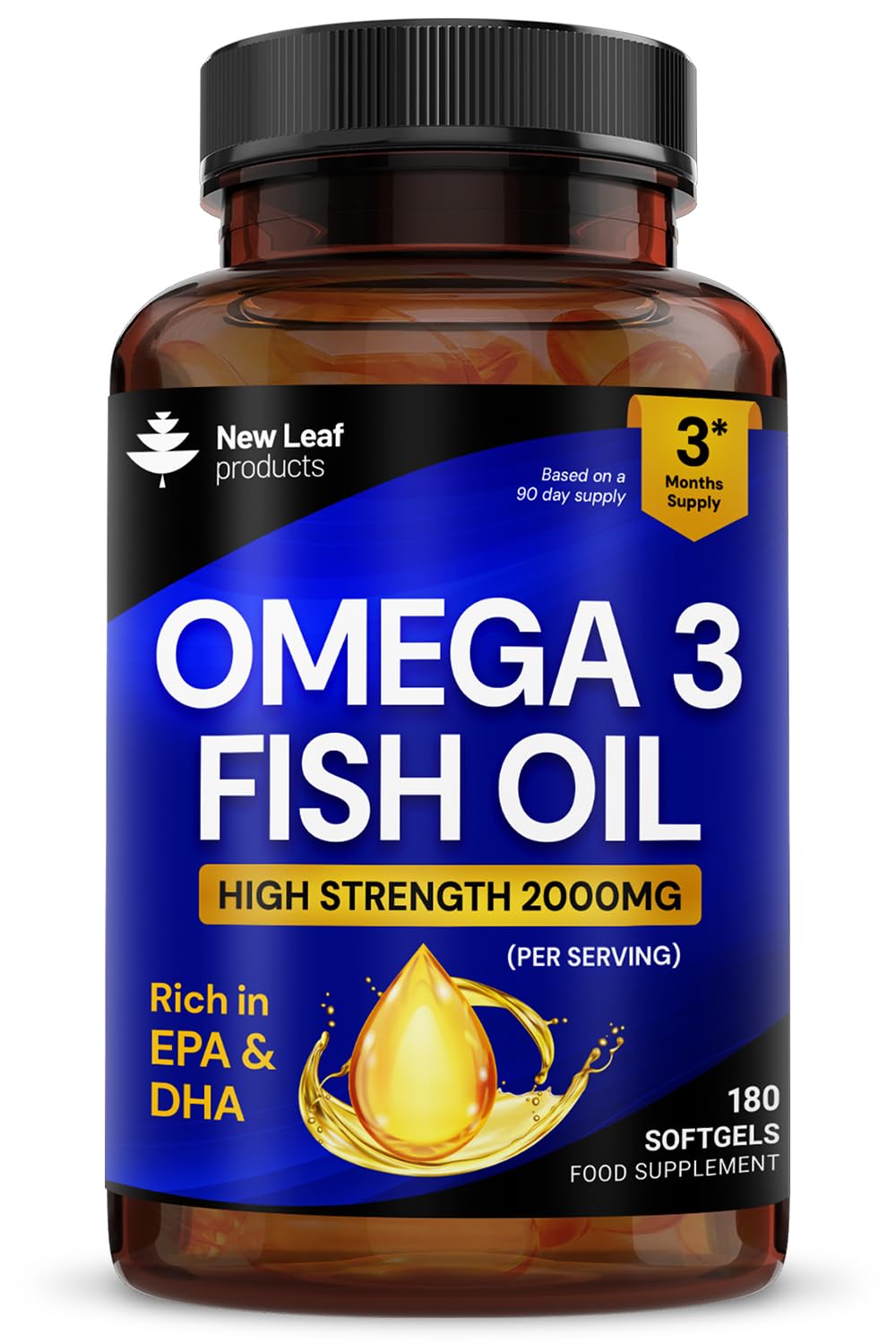 Omega 3 2000mg Capsules - High Dose Fish Oil - Enriched with Vitamin E - Two A Day Pure Fish Oil Gel Capsules - Helps Maintain Healthy Eyes, Brain Function, & Skin - GMO-Free, GMP, & UK Made