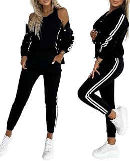 CHICME Women's 3-Piece Striped Bomber Jacket Tracksuit Set with Tank Top & Joggers - Casual Athleisure Lounge Outfit