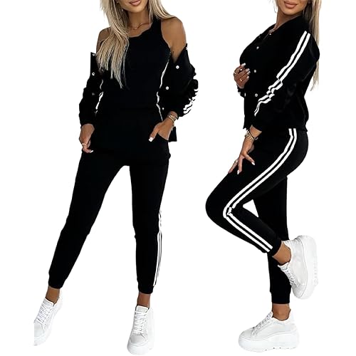 CHICME Women's Three Piece Outfits Striped Tape Patch Tank Tops Bomber Jacket with Sporty Pants Tracksuit Lounge Sets