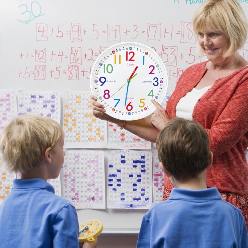 Miniatura 5 de AIRUIFU Reloj de pared para niños, reloj de enseñanza para niños, reloj analógico silencioso para decoración de habitación de niños, reloj de pared