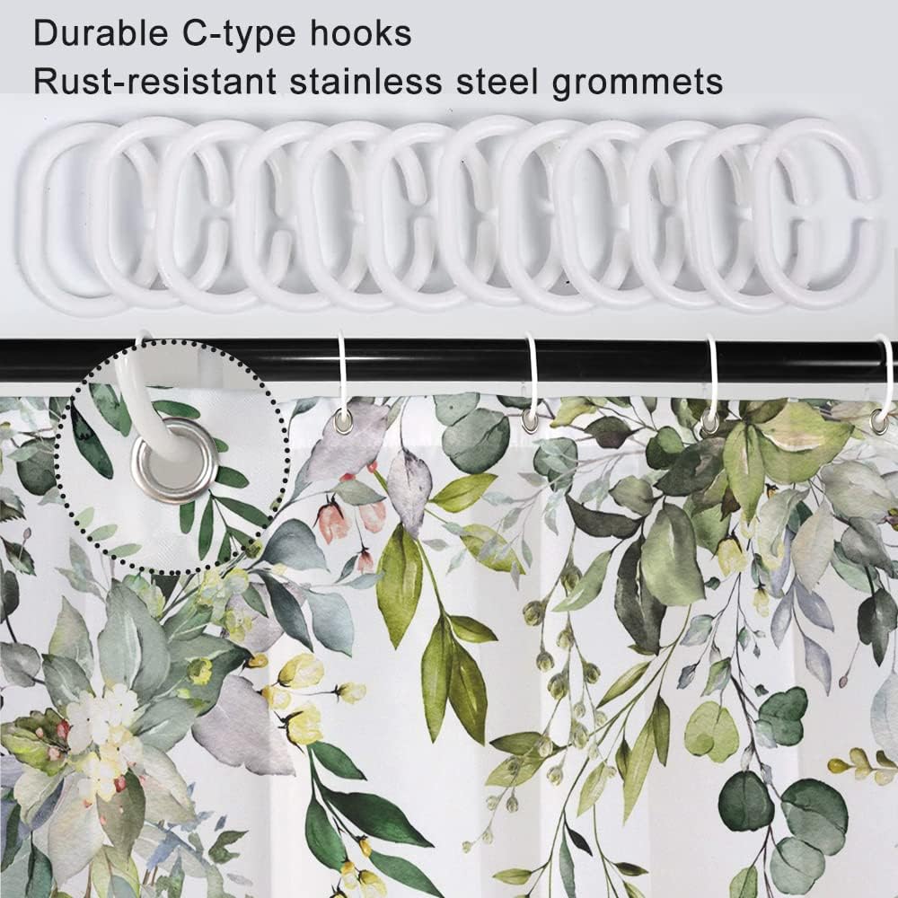 Green Eucalyptus Shower Curtain, Spring Watercolor Plant Leaves with Floral Shower Curtain for Bathroom Waterproof Fabric Shower Curtain Set with Hooks, 72x78 Inch