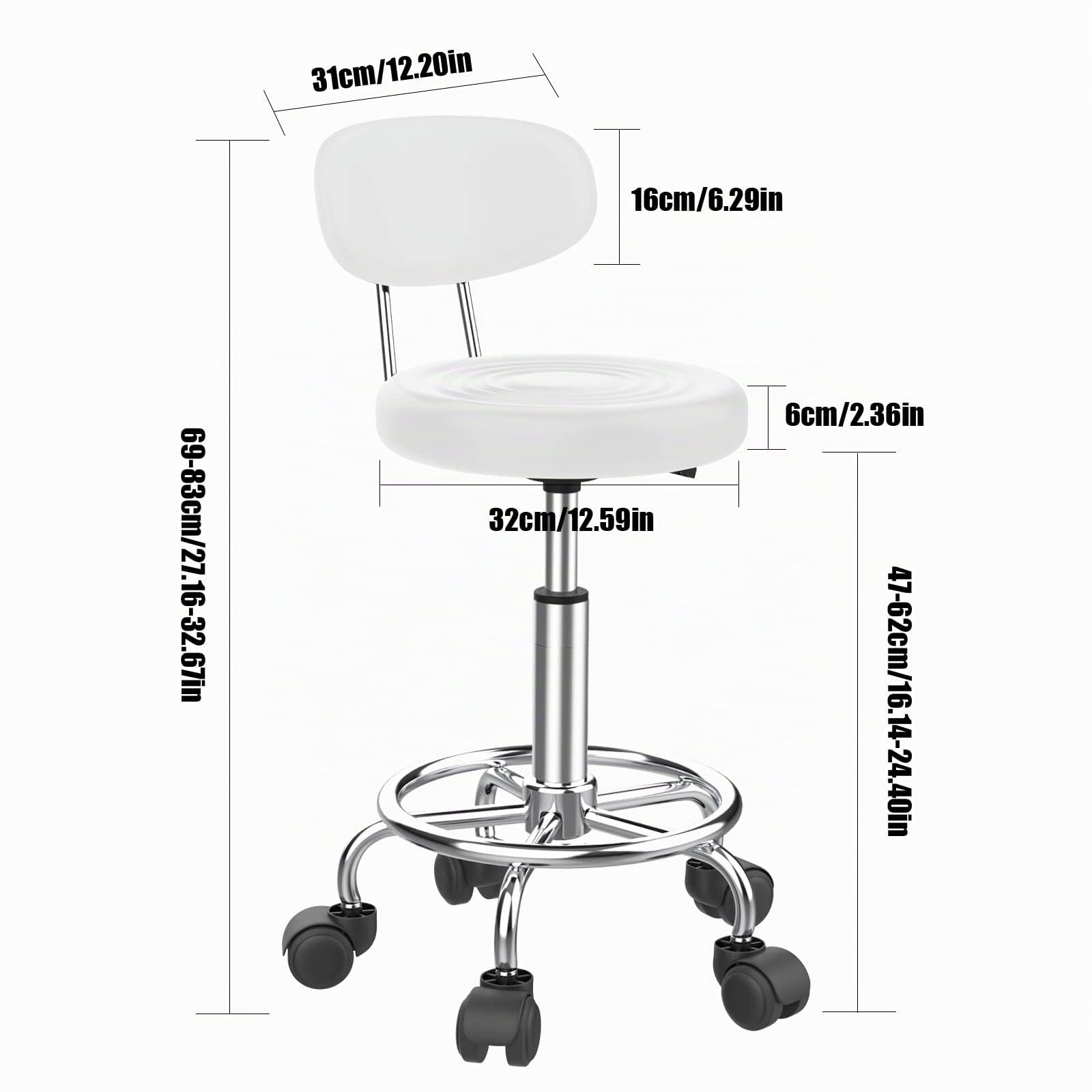 PIPOXER Juego de 2 taburetes de peluquería con respaldo taburete rodante, giratorio de 360°, regulable en altura 46,5-61,5 cm, taburete de oficina ergonómico, adecuado para salones de masaje
