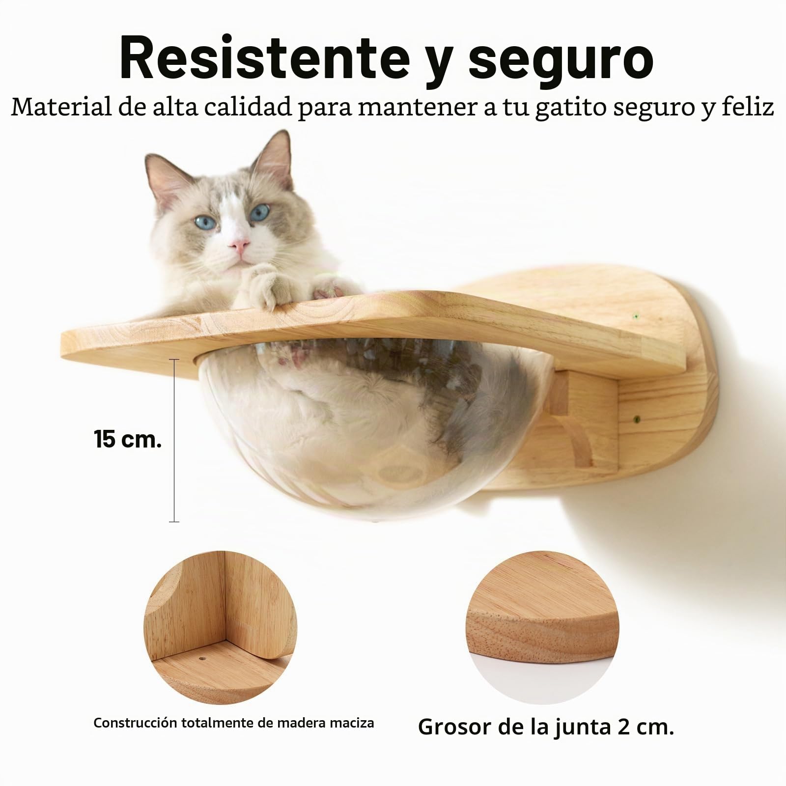 FUKUMARU Pared de Escalada para Gatos con Cápsula Espacial Transparente, Incluye 2 Pedales, Set de Muebles de Pared en Madera de Goma Maciza, Adecuado para Dormir y Escalar,Soporta hasta 16KG