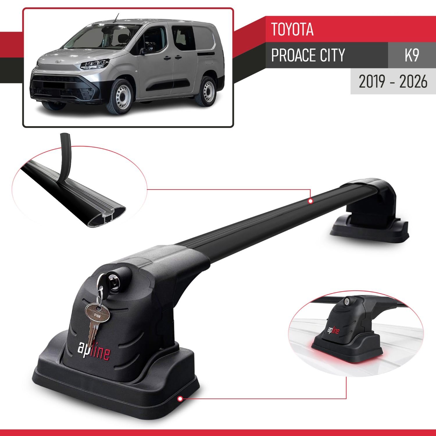 Compatible con Toyota Proace City (K9) 2019-2026 Modelo Ace-3 Barra de Techo Auto Portaequipajes Barras Transversales Negro Aluminio 2 Barras