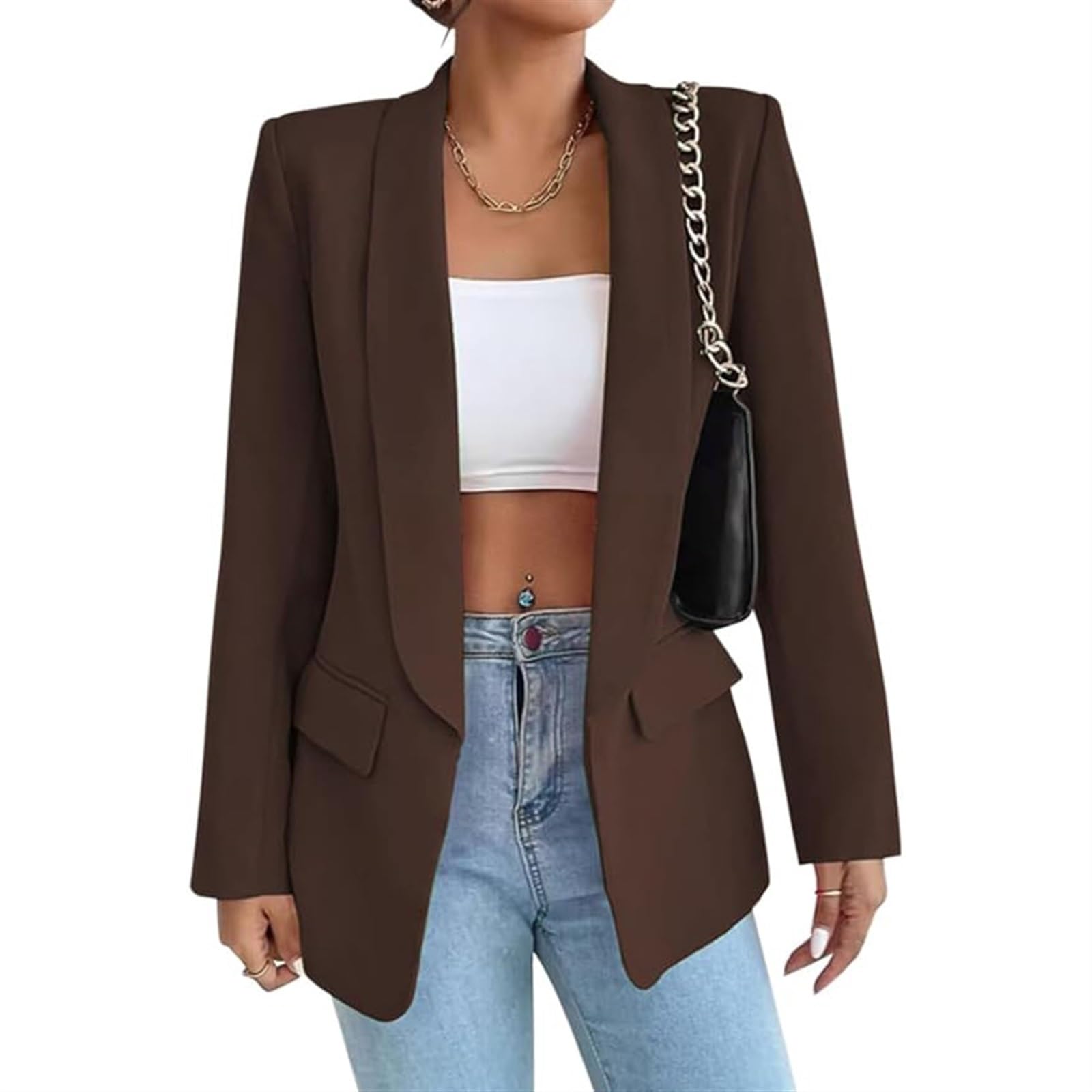 Gerrit Women's Suit Sporty Elegant with Pockets Lapels Suit Jacket Open Front Cardigan Plain Slim Business Long Sleeve Office Jacket Chic Blazer for Wedding (Color : Brown, Size : 3XL)