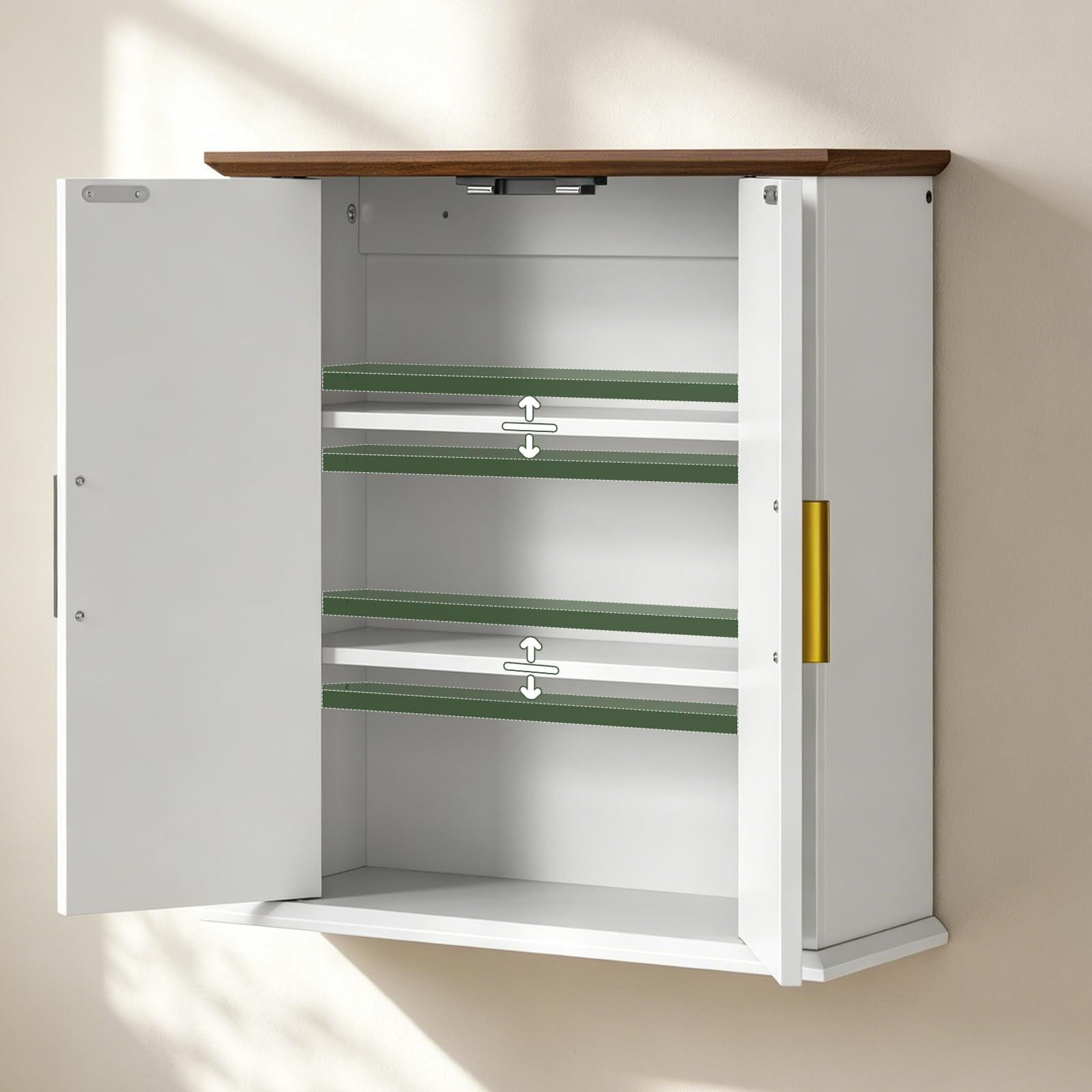 CHOEZON Armario de Pared para Baño, Gabinete con Diseño Ondulado, Estante Ajustable y Estilo Campestre, Mueble Colgante para Baño, Cocina, Lavandería, Blanco y Nogal