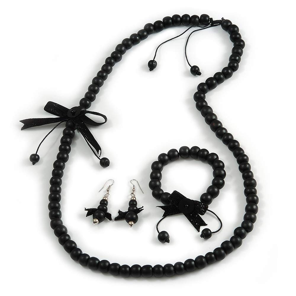 Juego de collar de madera negra de 80 cm con pulsera y pendientes 8