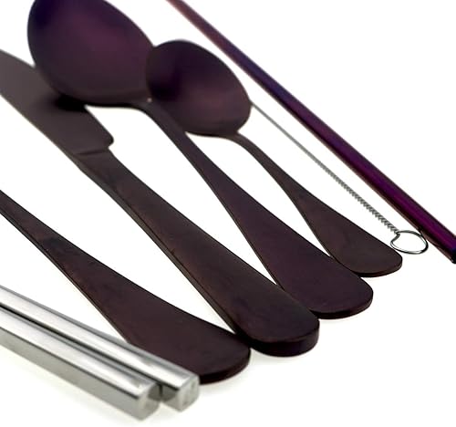 Miniatura 6 de Utensilios reutilizables morados con estuche, juego de cubiertos de viaje para campamento, juego de cubiertos de acero inoxidable portátil, juego de