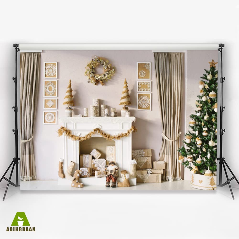 Aoihrraan Sfondo di Natale 3x2m - Albero, Camino, Calze, Regali, Tende - Fotografia Interni per Soggiorno, Capodanno, Festa, Compleanno - Decor Ritratto Photo Studio Puntelli