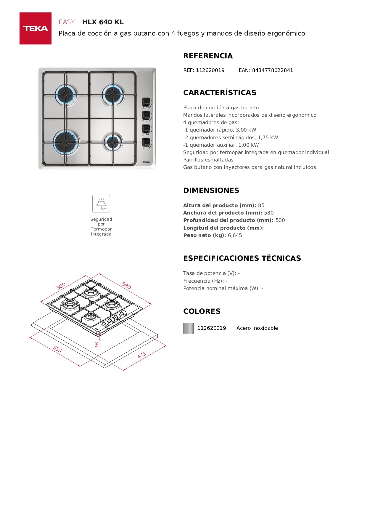 TEKA Placa de Gas Butano, 60 cm, 4 Fuegos, Mandos Ergonómicos, Seguridad Termopar, Parrillas Esmaltadas, HLX 640 KL
