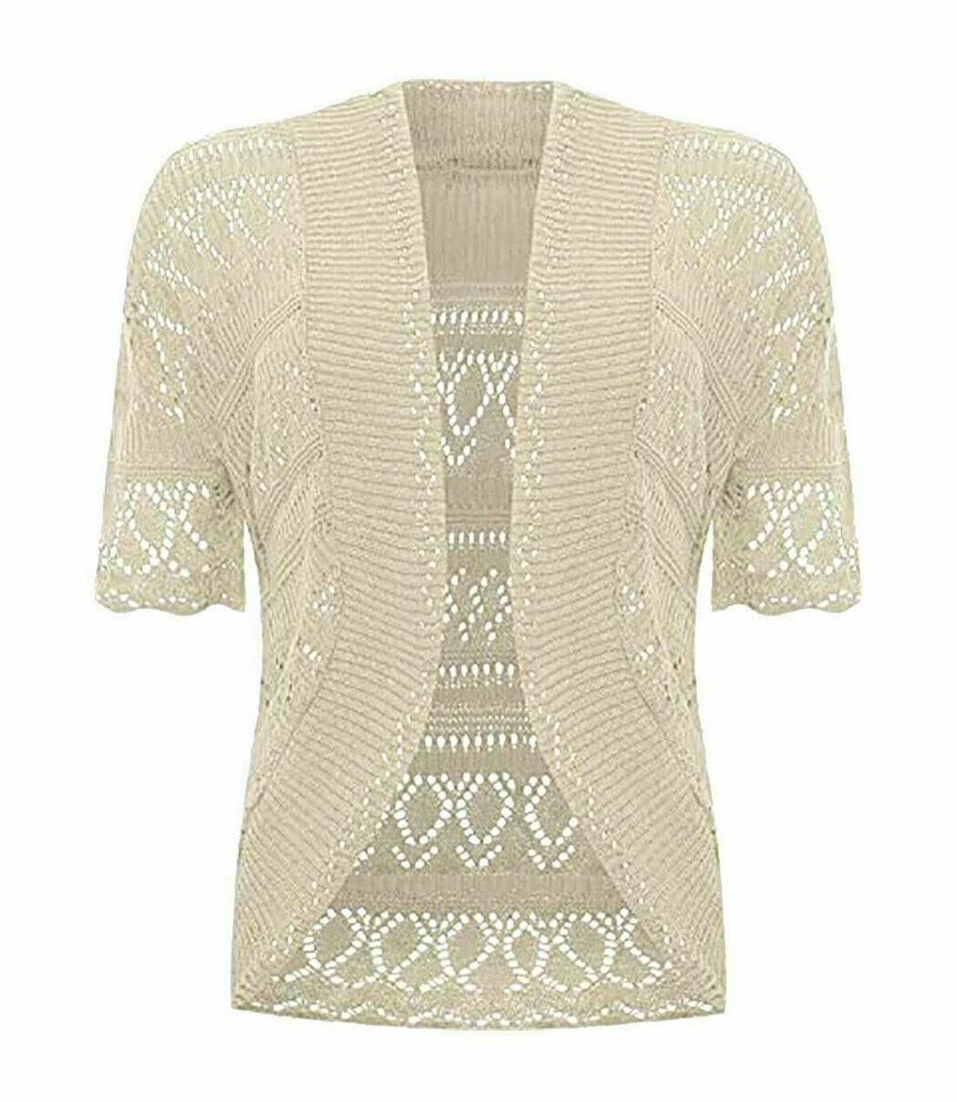 Fashion Fairies Women's Beige Crochet Bolero Shrug#( Short Sleeves Crochet Bolero Knitted Shrug#Uk 24-26#)