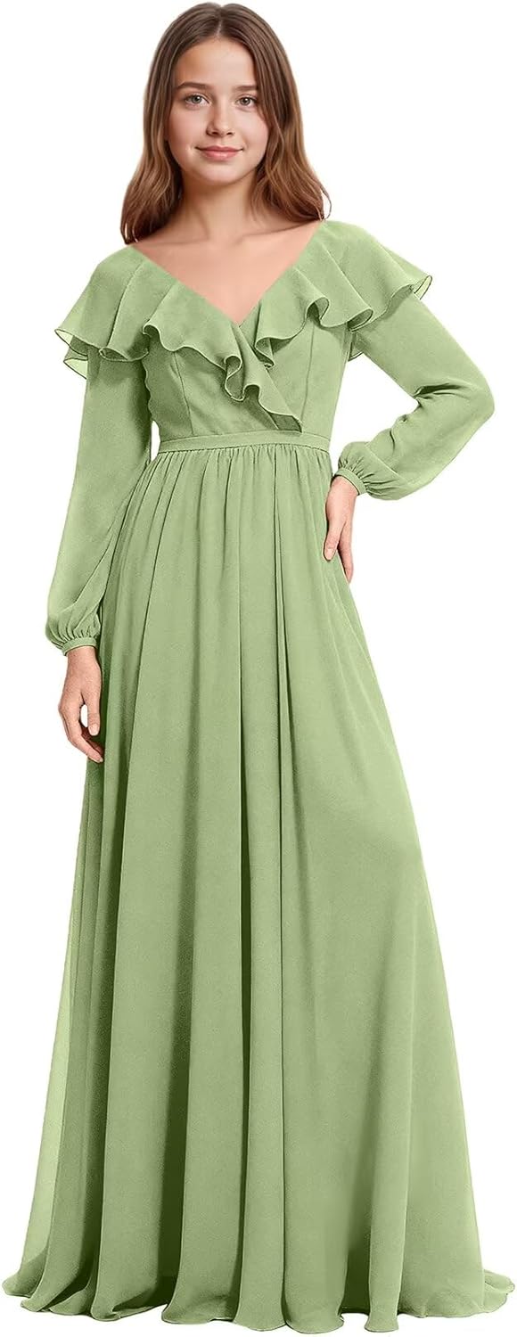 Chiffon Junior Bridesmaid Dresses Long Sleeves Flower Girl Dresses V Neck Ruffle Girls Formal Party Dress