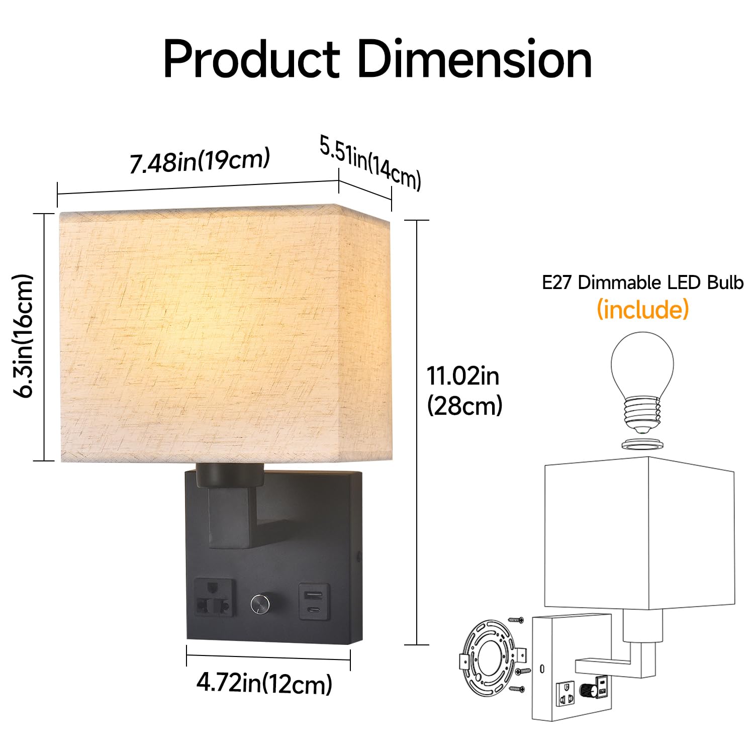 Lampa ścienowa do sypialni, lampa ścienowa do podłączenia - Przełącznik z regulacją jasności z gniazdem sieciowym i portem USB - Abażur z tkaniny - Czarna lampa ścienowa do salonu
