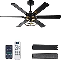 NKPU 52 Inch Black Farmhouse Ceiling Fan with Light & Remote - Industrial Caged Rustic, 6-Speed Reversible Quiet DC Motor, Dual Finish Blades for Living Room Bedroom