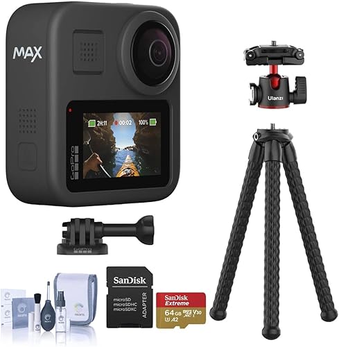 Miniatura 1 de Cámara de acción GoPro Max 360 paquete con tarjeta MicroSDXC de 64 GB trípode flexible FotoPro UFO 2 kit de limpieza