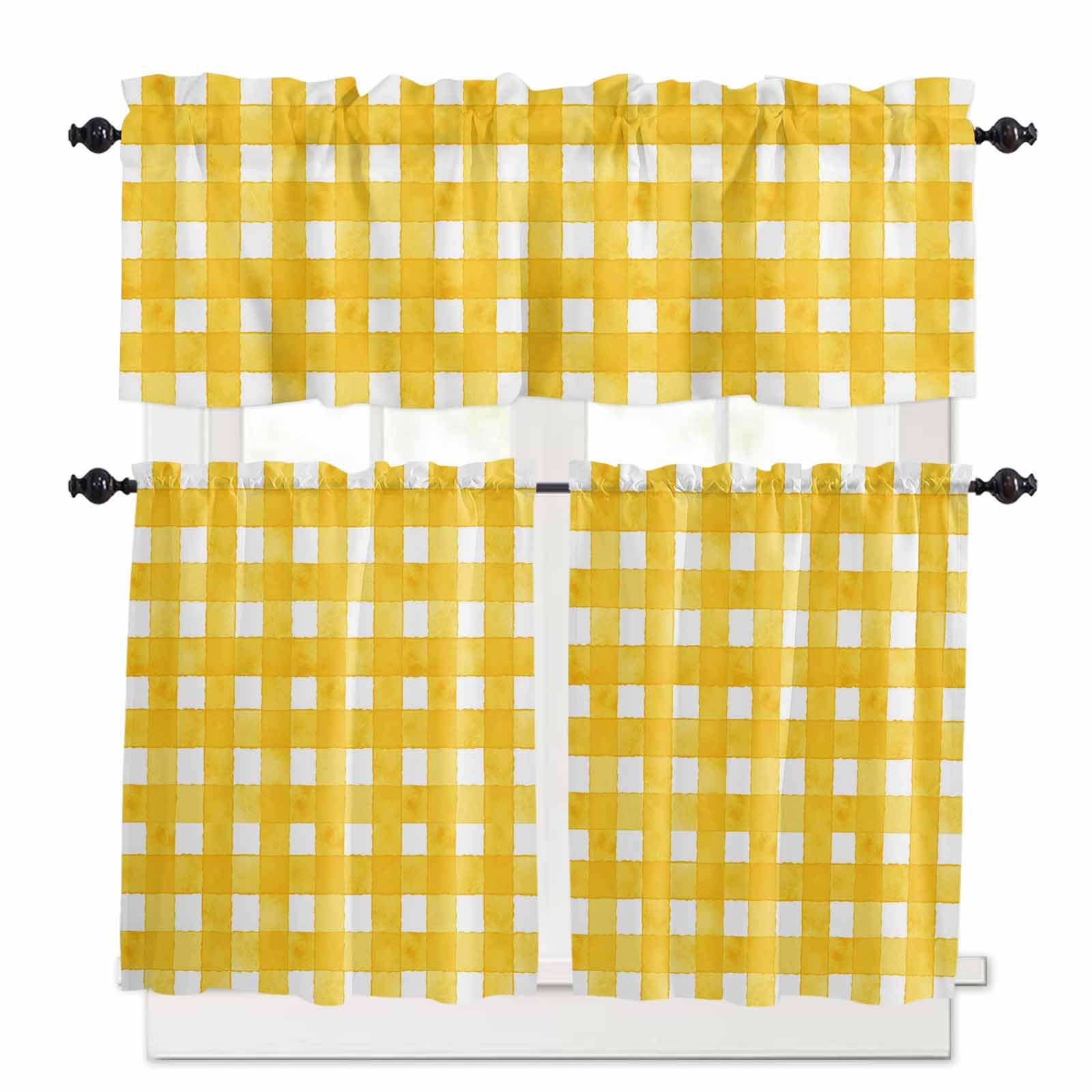 Yellow Plaid Kitchen Curtains 36 Inch Length,3 Piece Rod Pocket Small Half Tiers and Valance Set,Watercolor Grid Checker Gingham Farmhouse Small Large Window Treatment Decor for Bedroom/Bathroom Sink