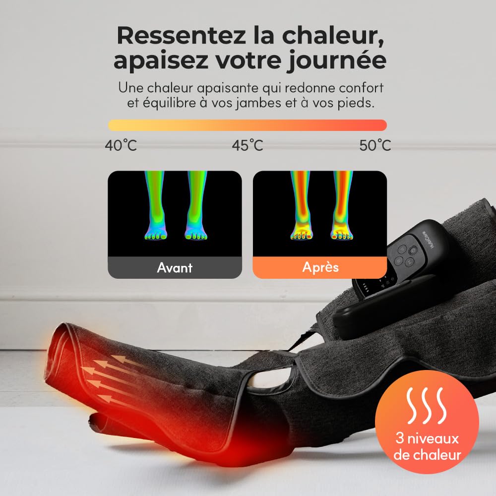 HuBDIC HubiCare Masseur de mollets et de pieds sans fil avec compression de la chaleur et de l'air pour la circulation et le soulagement de la douleur, 5 modes avec 5 intensités, réduction du