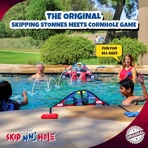 Image of SKIP NN' HOLE Original Fun Stonne Skipping Meets Pool Cornhole Game Floating | for All Ages | Fun Swimming Pool Game for Adults and Family | Easy Setup, Durable, Portable Water and Lake Toy |