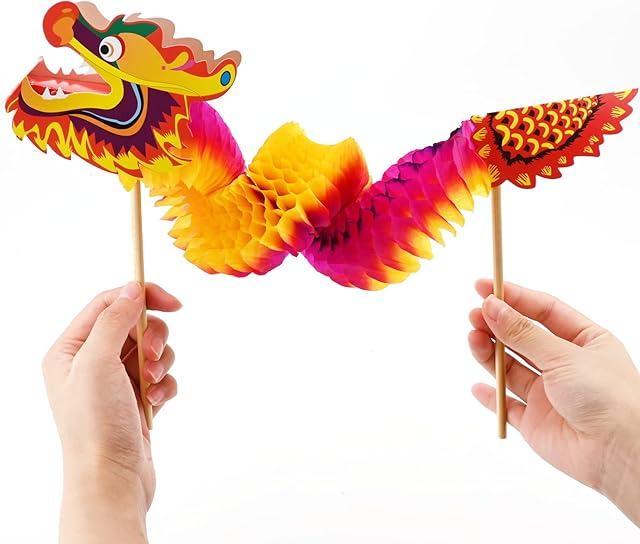 Hileyu Chinese Paper Dragon Puppets 6 Pcs DIY Chinese New Year Arts Craft Lunar New Year shadow puppetry Gift Decorations for Girls Boys Kids