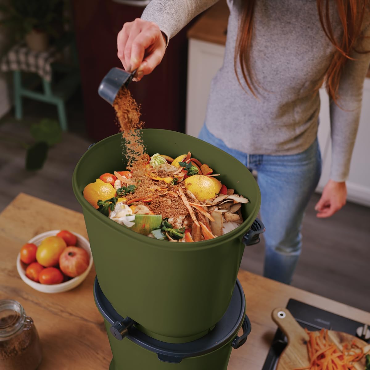 Lote de 2 compostadores Bokashi Essential 15,3 L+1 kg de Brain+1 Base Oliva