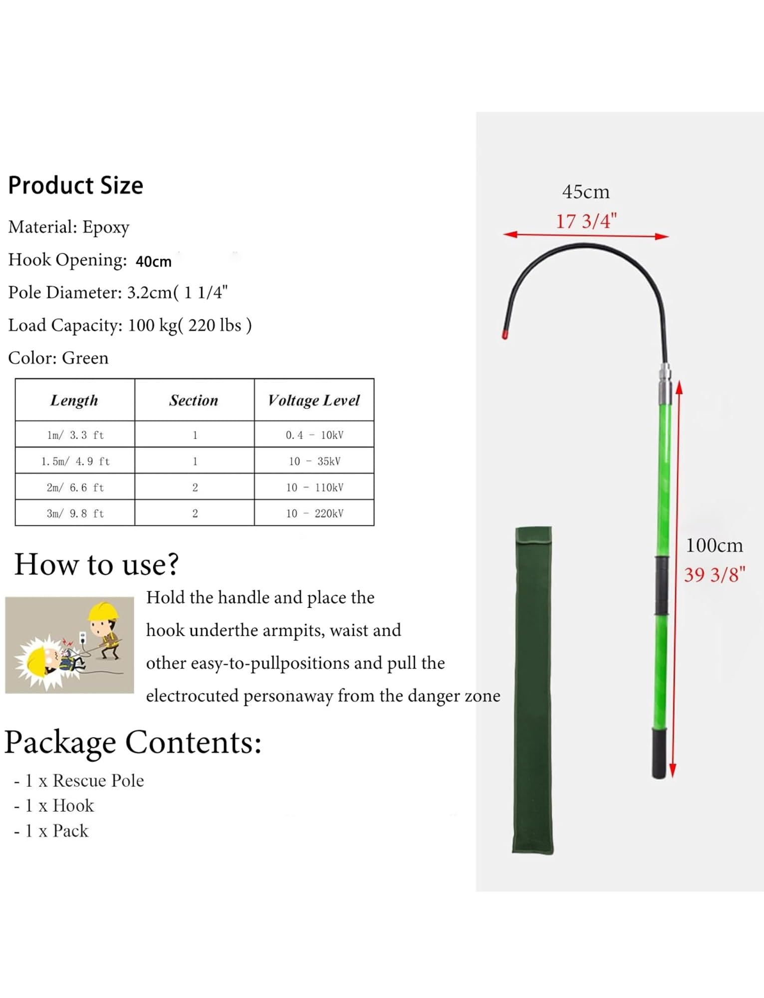 Red Portable Electrical Insulated Rescue Hook Stick, High Voltage Safety Tool For Electric Vehicle Repairs/Electrical Gear, Fiberglass Life-saving Pole 10kV 35kV 110kV 220kV(1m/39.4in/3.3ft)(Green,300