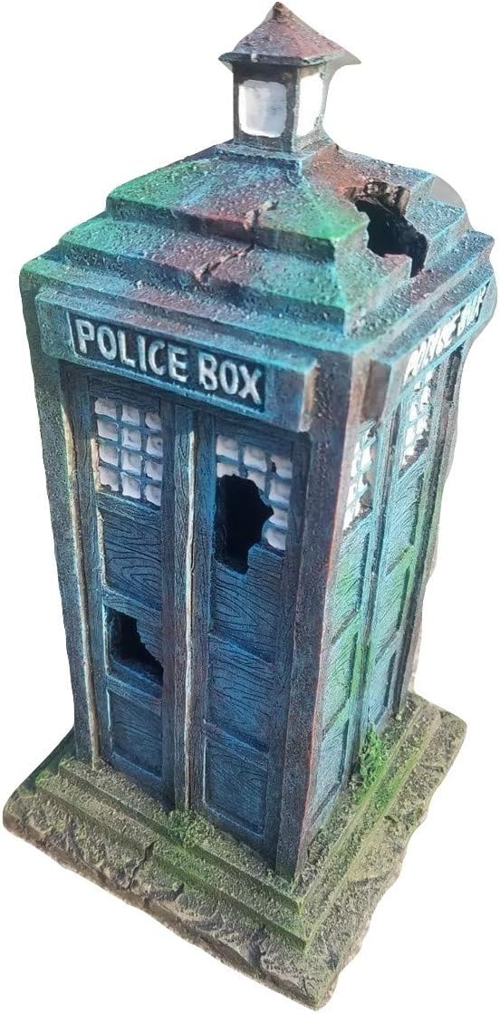 Old Style 1960's Police Box Aquarium Ornament Decor, Fish Safe Polyresin, 7 Inches Tall | Aquarium Fish Tank Tardis Fish Hideout House Resin Ornament, Blue Decoration