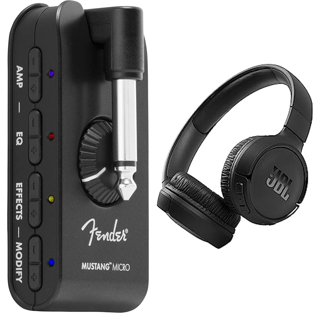 Fender Mustang Micro Verstärker, Ultimativer persönlicher Kopfhörerverstärker & JBL Tune 510BT – Bluetooth On-Ear Kopfhörer in Schwarz