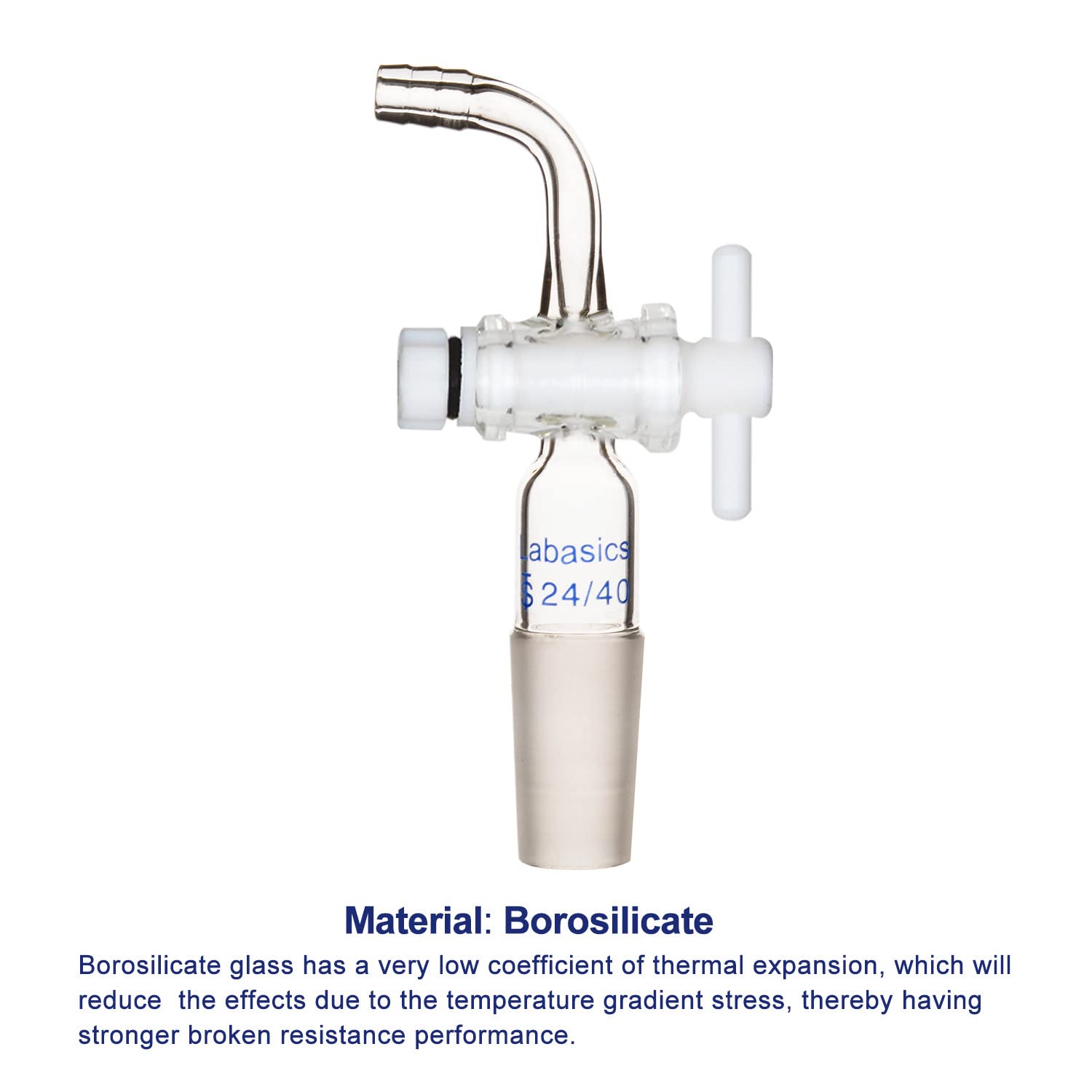 Labasics Adaptateur de Contrôle de Débit avec Robinet D'arrêt en PTFE, Joint 24/40 et Raccord de Tuyau Coudé pour Alimentation de Laboratoire
