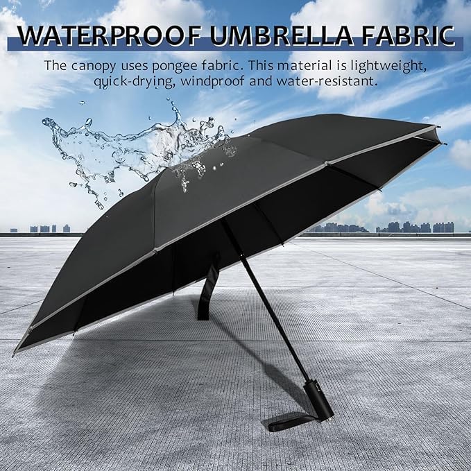 2-Pack Automatic Travel Umbrella - Unbreakable 10 Fiberglass Ribs, Windproof Inverted Umbrella with Reflective Strip, Lightweight Compact Folding Umbrella for Men & Women