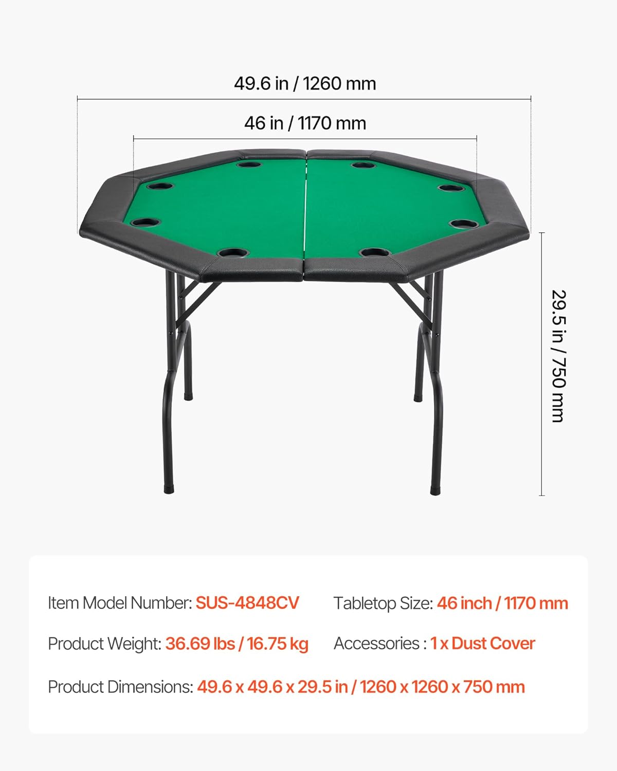 VEVOR Foldable Poker Table, 8 Player 48 in Folding Casino Leisure Table with Padded Rails & Cup Holders, Octagonal Portable Game Tables with Felt & Metal Legs, for Texas Hold'em Game and Blackjack