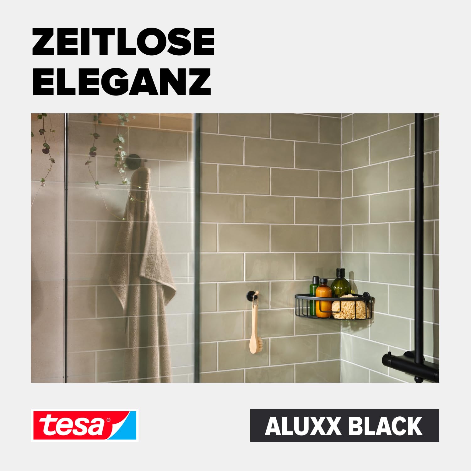 tesa ALUXX BLACK Eck-Duschablage zur Wandmontage ohne Bohren, schwarz matt - einstöckig - für Bäder im Industrial Style und moderne Badezimmer - mit Klebelösung - 192 mm x 92 mm x 200 mm