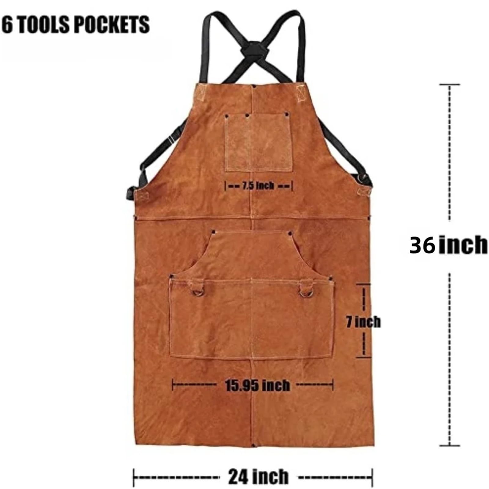 Skórzany fartuch spawalniczy wytrzymały żaroodporny fartuch z 6 kieszeniami na narzędzia 96 cm x 66 cm