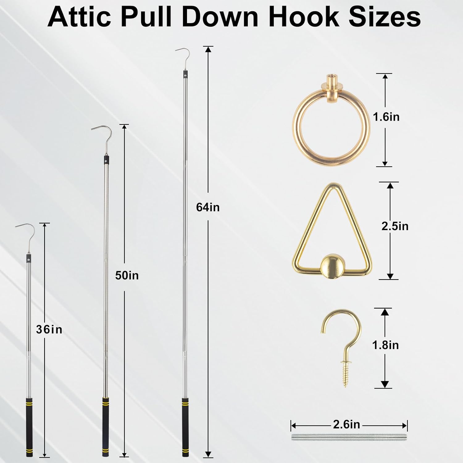 Attic Pull Down Handle, 36" to 64" Attic Ladder Pole Replacement for Attic Door Awning Pull Rod Garage Doors Stainless Steel with Comfort Sponge Grip Silver