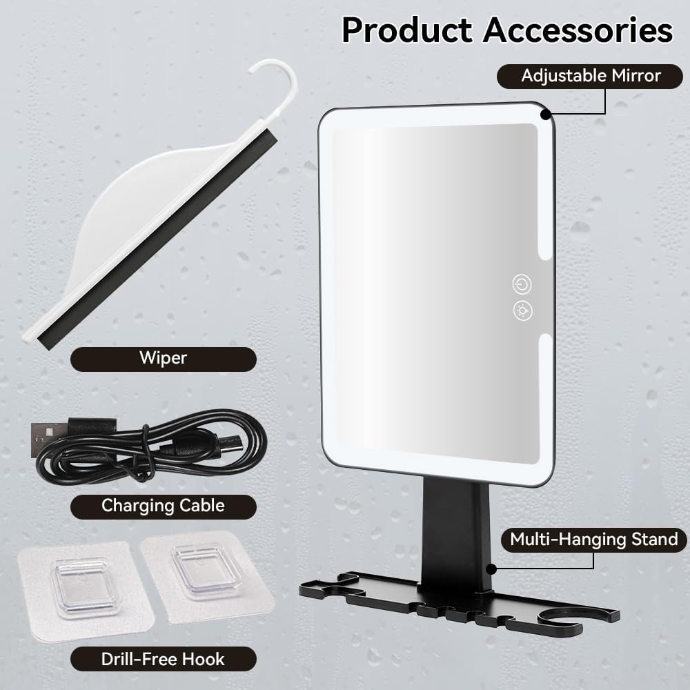 Mirror Fogless for Shaving - 3 Colors Stepless Dimmable Lights, Anti-Fog Shaving Mirror with Razor Holder, No-Drilling, Removable